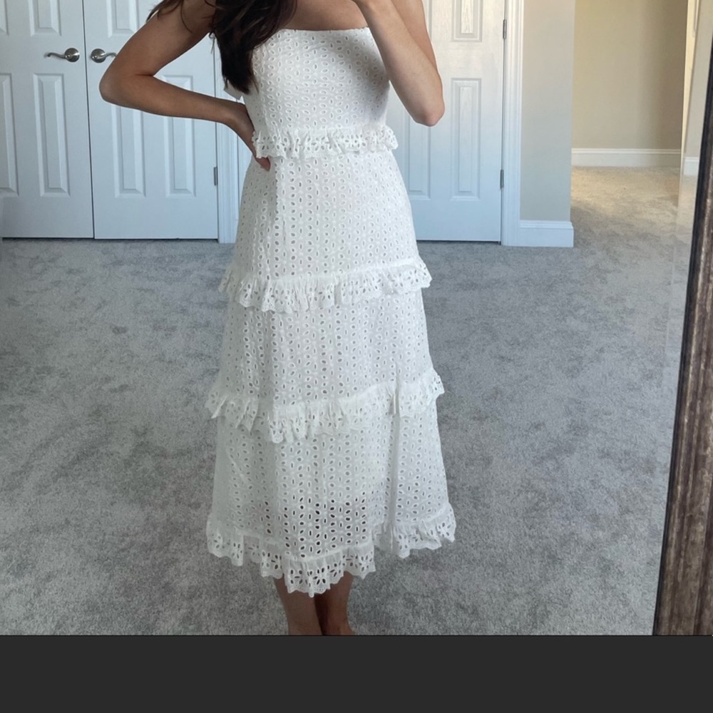 The Impeccable Pig White Strapless Eyelet Tiered Midi Dress